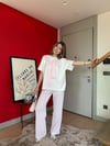 Yaka Fular Detay Tişört ve Pantolonlu Çizgili Suyolu İkili Takım Pembe 2155