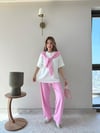 Yaka Fular Detay Tişört ve Pantolonlu Modal Kumaş İkili Takım Pembe 2140