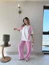 Yaka Fular Detay Tişört ve Pantolonlu Modal Kumaş İkili Takım Pembe 2140