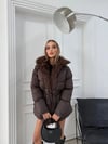 YAKA KÜRK DETAY BEL KEMERLİ ŞİŞME MONT KAHVE