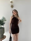 Yaka Zincir Detay Bel Drape Sandy Mini Elbise Acı Kahve 2260