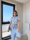 Yakalı Düğme Detay Crop ve Pantolonlu İkili Takım Bebe Mavi 2138