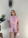 Yakalı Düğme Detay Şortlu Keten Tulum Pembe 2353