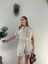 Yakalı Düğme Detay Şortlu Keten Tulum Bej 2353
