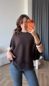 Yarasa Kol Dantel Detay Triko Bluz Kahve 2409