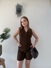 Yelek ve Şortlu İkili Keten Takım Acı Kahve 2373