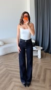 Yüksek Bel Yıkamalı Yarım İspanyol Paça Kot Pantolon Lacivert 2434