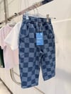 Çocuk Mavi Damalı Baggy Jean Pantolon Lastikli Bel Rahat Kalıp Kot Pantolon