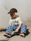 Çocuk Mavi Damalı Baggy Jean Pantolon Lastikli Bel Rahat Kalıp Kot Pantolon