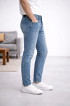 Erkek Açık Mavi Tapered Fit Jean Pantolon – 5 Cepli, Esnek Denim