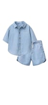 Erkek Çocuk Açık Mavi Denim Alt Üst Takım — Kısa Kollu Gömlek & Şort Set, Lastikli Bel, Günlük Yazlık Kombin