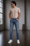 Erkek Slim Fit Likralı Açık Mavi Jean Pantolon Destroy Detaylı Esnek Denim
