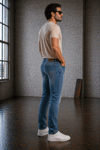 Erkek Slim Fit Likralı Açık Mavi Jean Pantolon Destroy Detaylı Esnek Denim