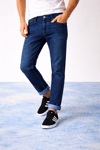 Erkek Slim Fit Mavi Kot Pantolon – Paça Katlamalı, Doğal Yıkamalı Pantolon