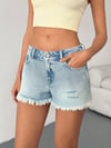 Jeans Kadın Açık Mavi Yırtık Detaylı Püsküllü Mini Jean Şort Yüksek Bel Yazlık Denim Şort
