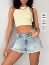 Jeans Kadın Açık Mavi Yırtık Detaylı Püsküllü Mini Jean Şort Yüksek Bel Yazlık Denim Şort