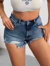 Jeans Kadın Koyu Mavi Yırtık Detaylı Mini Jean Şort Yüksek Bel Püsküllü Yazlık Denim Şort