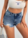 Jeans Kadın Koyu Mavi Yırtık Detaylı Mini Jean Şort Yüksek Bel Püsküllü Yazlık Denim Şort