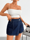 Jeans Kadın Lacivert Yüksek Bel Denim Şort Etek – Asimetrik Tasarım Jean Skort