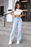 Kadın Açık Buz Mavisi Yüksek Bel Straight Fit Bol Paça Jean Pantolon