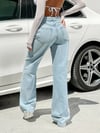 Kadın Açık Mavi Yüksek Bel Bol Paça Jean Pantolon Wide Leg Rahat Kesim Günlük Denim