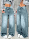 Kadın Açık Mavi Yüksek Bel Wide Leg Baggy Jean Pantolon