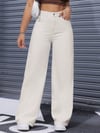 Kadın Bej Yüksek Bel Wide Leg Jean Pantolon Bol Paça Rahat Kesim Günlük Denim