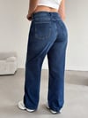 Kadın Koyu Mavi Yüksek Bel Wide Leg Jean Pantolon Günlük Rahat Kesim Denim