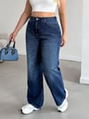 Kadın Koyu Mavi Yüksek Bel Wide Leg Jean Pantolon Günlük Rahat Kesim Denim
