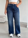 Kadın Koyu Mavi Yüksek Bel Wide Leg Jean Pantolon Günlük Rahat Kesim Denim