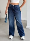Kadın Koyu Mavi Yüksek Bel Wide Leg Jean Pantolon Günlük Rahat Kesim Denim