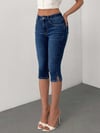 Kadın Mavi Slim Fit Kapri Jean Pantolon Yüksek Bel Esnek Denim Diz Altı Kot