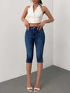 Kadın Mavi Slim Fit Kapri Jean Pantolon Yüksek Bel Esnek Denim Diz Altı Kot