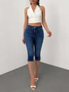 Kadın Mavi Slim Fit Kapri Jean Pantolon Yüksek Bel Esnek Denim Diz Altı Kot