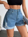 Kadın Yırtık Desenli Yıkamalı Yüksek Bel Denim Şort