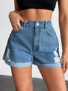 Kadın Yırtık Desenli Yıkamalı Yüksek Bel Denim Şort