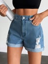 Kadın Yırtık Desenli Yıkamalı Yüksek Bel Denim Şort