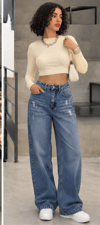 Kadın Yüksek Bel Geniş Paça Destroylu Yıkamalı  (Wide Leg) Jean Pantolon — Rahat Kalıp Günlük Denim