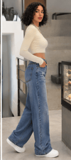 Kadın Yüksek Bel Geniş Paça Destroylu Yıkamalı  (Wide Leg) Jean Pantolon — Rahat Kalıp Günlük Denim