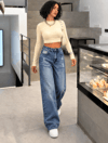 Kadın Yüksek Bel Geniş Paça Destroylu Yıkamalı  (Wide Leg) Jean Pantolon — Rahat Kalıp Günlük Denim