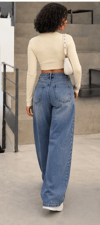 Kadın Yüksek Bel Geniş Paça Destroylu Yıkamalı  (Wide Leg) Jean Pantolon — Rahat Kalıp Günlük Denim