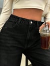 Kadın Yüksek Bel Siyah Bol Paça Jean — Wide Leg Rahat Kesim Günlük Kot Pantolon