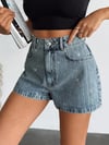 Kadın Yüksek Bel Taş Detaylı Mavi Denim Şort Parlak Görünümlü Şık Jean Şort