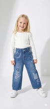Kız Çocuk Çiçek Nakışlı Geniş Paça Denim Pantolon