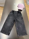 Kız Çocuk Kiraz Desenli Geniş Paça Denim Pantolon