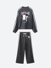 Kız Çocuk NY Baskılı Şeritli Sweatshirt ve Geniş Paça Pantolon 2'li Eşofman Takımı Antrasit