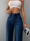 Yüksek Bel Mavi Denim Bol Paça Kadın Jean Pantolon Rahat Kalıp Günlük Denim Pantolon