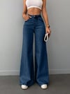 Yüksek Bel Mavi Denim Bol Paça Kadın Jean Pantolon Rahat Kalıp Günlük Denim Pantolon