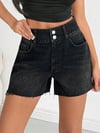 Yüksek Bel Siyah Denim Şort Çift Düğmeli Püskül Paça Jean Şort
