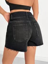 Yüksek Bel Siyah Denim Şort Çift Düğmeli Püskül Paça Jean Şort